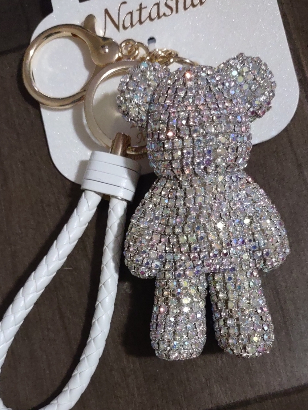 NWT Natasha Couture Silver Crystal Rhinestone Teddy Bear Bag Charm Keychain